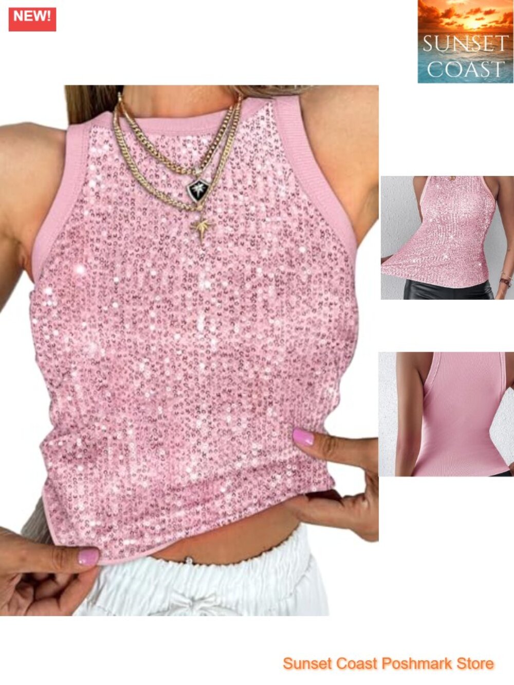 Sequin Crop Tank Top Sleeveless Sparkly Glitter Party Club Top Tee